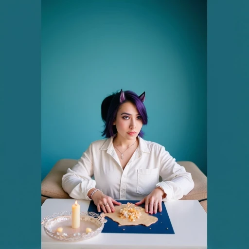 poster portrait of realistic masunya, (purple skin color:1.1), cat ears, solo, by Jeremy Lipking, by William Bouguereau, (by Alphonse Mucha:0.5), by d-art , sfw