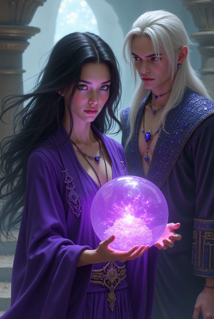 28 Jahre,a beautiful young woman, lange braune geflochtene Haare, Hogwarts Haus Ravenclaw, langer blauer Umhang, bare breasts, bare breasts, silberne Adlerkette um den Hals, Hogwarts im Hintergrund, holds blue fire in his hand, Hand brennt blau,