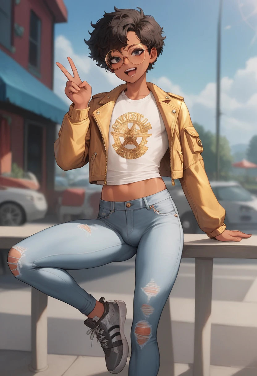  masterpiece,  better quality , Artist bdone , 20 years, femboy,  curly and blurred hair,  short hair,  black hair,  black eyes, round glasses, golden lenses,  tanned skin, denim jacket, Grey sports pants , Dark blue t-shirt ,  brown shoes , love and peace,  slim body, effeminate body, marked rear, Femboy body ,  slim body,  ectoform body 