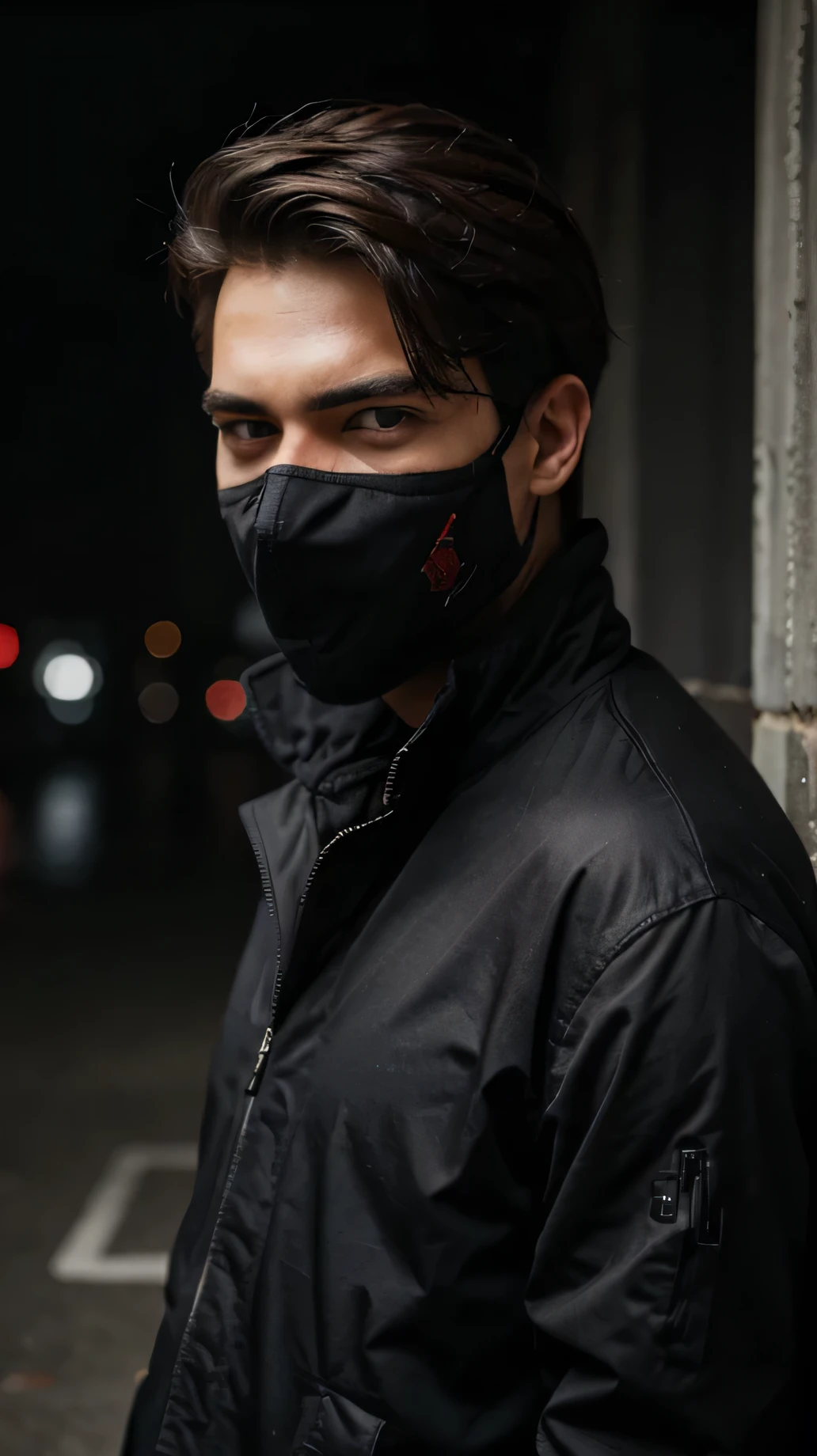 Handsome guy wearing cool clothes covering one side of his face with his hand, Best Quality, Red Eyes, FangHigh Resolution, menggunakan jaket hitam dan masker hitam