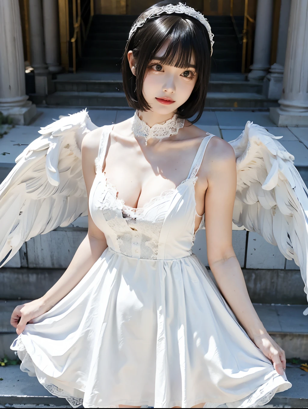 8K, Raw photo, Photorealistic, (Detailed skin, Best Quality:1.2), (Angel wings), ((White camisole dress, lace short dress, white lace collar)), (white head dress, bob hairstyle, bangs), age girl with angel wings, in abandoned Greek temple, (cleavage, pale skin:1.4), smile, thighs, soft lighting