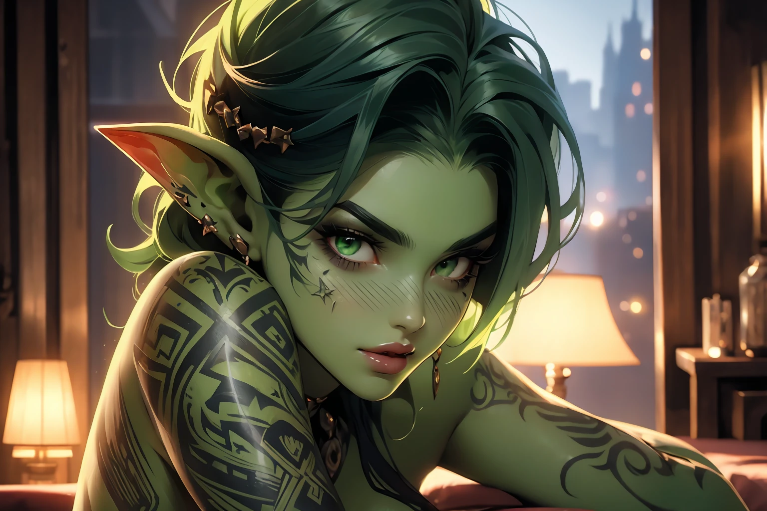 absurdres, masterpiece, 4k, extremely muscular goblin tomboy, brash, confident, wants sex, light green skin, pointy ears, smile, green eyes, short length messy green punk hair, small breasts, (many tattoos), (face tattoo), 1girl, solo, (nude), seductive, erotic, leather armor, happy, very detailed eyes, focus on breasts, (touching herself), caressing herself, sitting, sitting on bed, romantic lighting, seductive eyes, loving, in love, time for sex, looking at viewer with lust, focus on feet