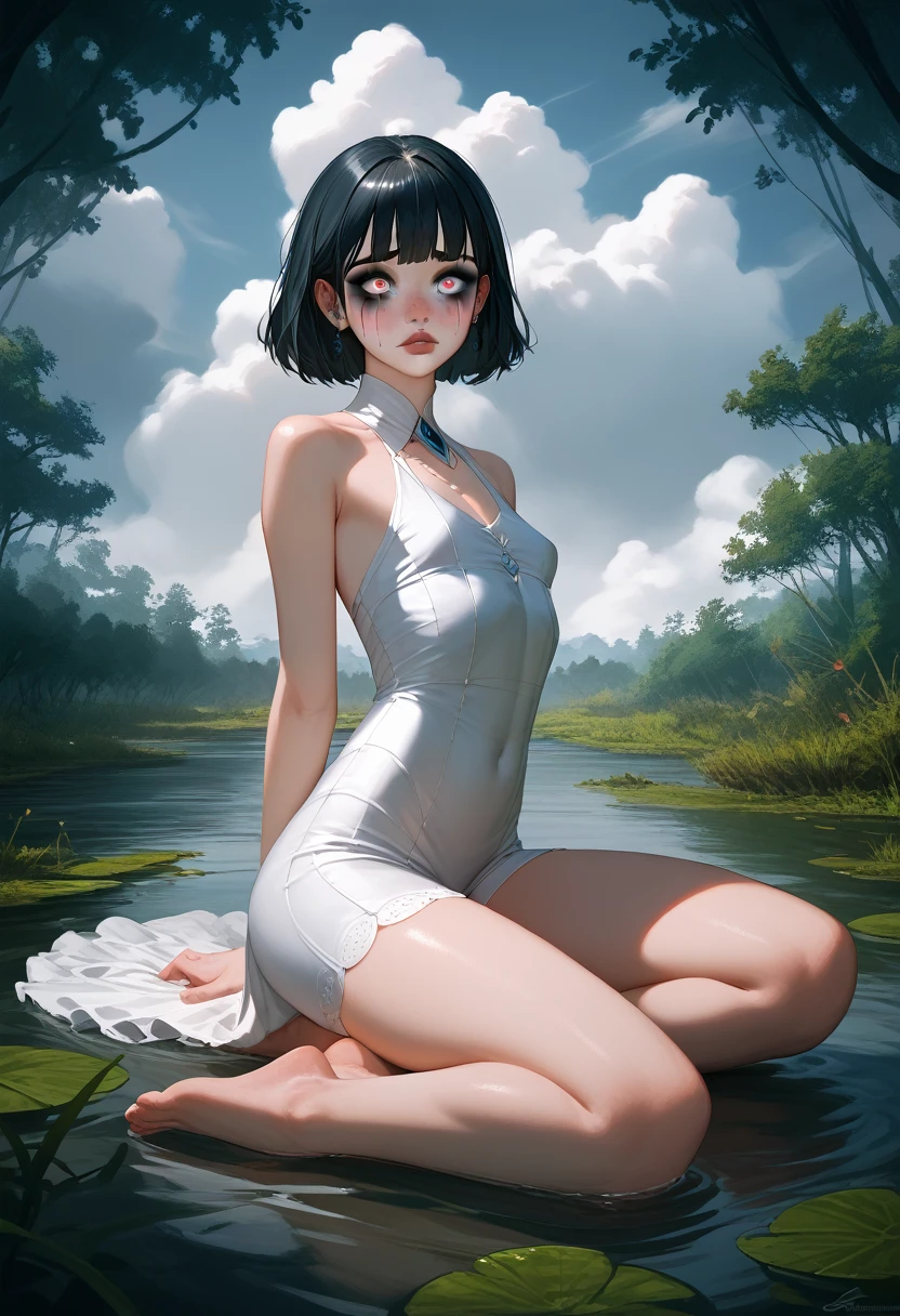 One woman, 8k, absurd res, (), flawless face, (extremely skinny body:1.4), full body image, 1girls, solo, masterpiece, highly detailed, detailed eyes, expressive detailed eyes, pale skin, detailed pupils, realistic skin, some freckles, realistic skin texture, , super detailed skin, shy face, analog style, (chin length hair, ((blue-black hair with bangs)), , (()), (wearing a white burlap dress, barefoot), (dark cloudy sky, swamp background), (bright makeup)