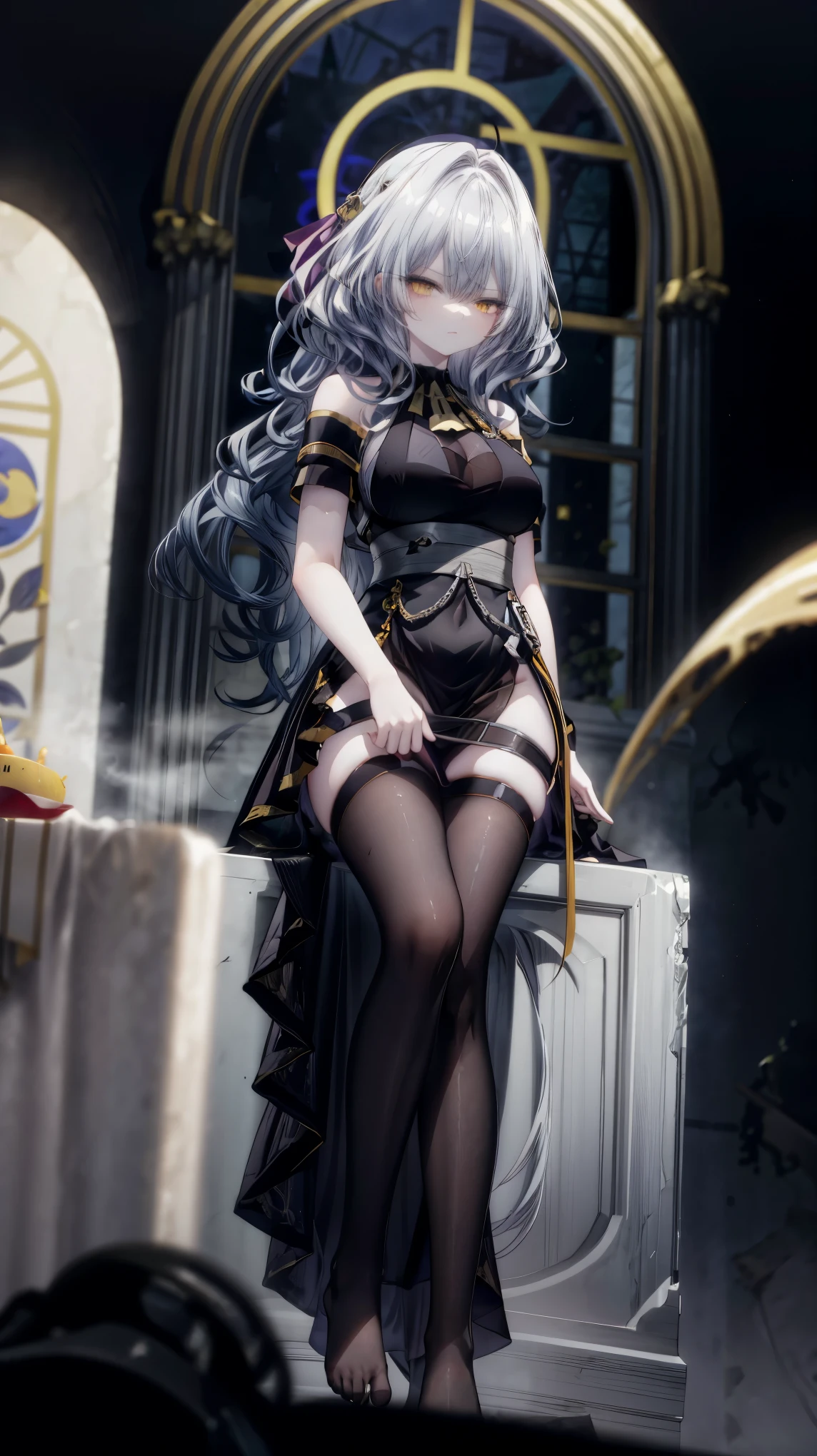 One girl with messy hair, bangs, yellow eyes, looking at viewer, solo, (glaring:1.25), (black background, castle:1.5), (black long sexy dress:1.5), thicc, sexy waist, elegant dress, tight, bare hands, long hair, large breasts, cleavage, thigh, Sitting in a chair, (crossed-legged:1.2), bare shoulders, bare legs, mid-chest, medium breasts, focus, blurry background, mature female, feet, bare feet, (from below:1.25)