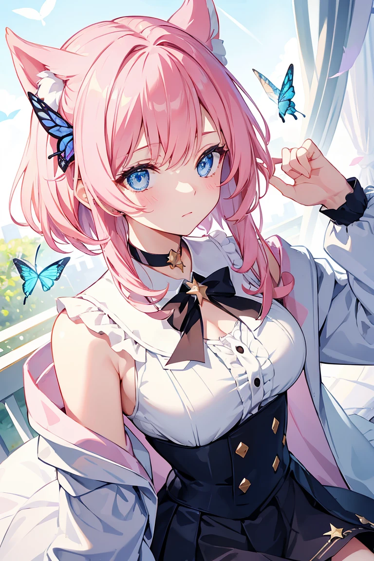 masterpiece, best quality, very aesthetic, absurdres, 1girl, mature_lady,,photo, real, 1girl, march 7th \(honkai: star rail\), honkai: star rail, pink hair, shirt, jacket, medium hair, white shirt, blue eyes, long sleeves, breasts, choker, black choker,in an amusement_park,luminous butterflies, fluttering butterflies,from above