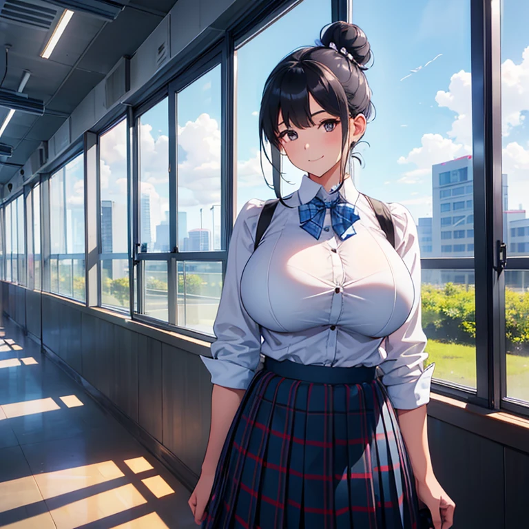 hi-school girl、Dark blue blazer、white shirt、Red Big Ribbon、(Super Mini Flared Skirt), lowfers,Light Brown Fringe Longhair、disheveled hair、Light brown eyes、(Shy look)、(Photorealsitic)、(intricate detailes:1.2)、(masterpiece、:1.3)、(top-quality:1.4)、(超A high resolution:1.2)、超A high resolution、(huge-breasted:1.5)、cleavage of the breast、(A detailed eye)、(detailed facial features)、nffsw、8K分辨率、a short skirt、I'm worried about seeing my underwear、Touching the skirt、beauty legs、facing the front there、frombelow、Standing on the train、School bag