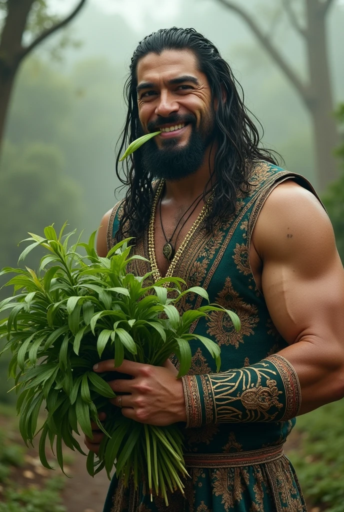Create a highly realistic, 4K image of a giant Hanuman ji sleeping peacefully on a large leaf. Hanuman ji should be depicted with a serene expression, lying on his side with one arm resting under his head and the other draped over his body. The leaf should be lush and vibrant, floating gently in the air or on a calm river. The background should feature a tranquil forest or garden with soft, warm lighting filtering through the trees, casting gentle shadows. 