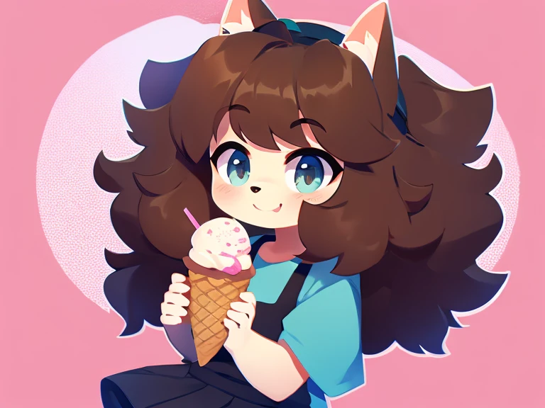 Cute dog girl, thick hair, detailed body, normal clothes, high quality, carrying ice cream 