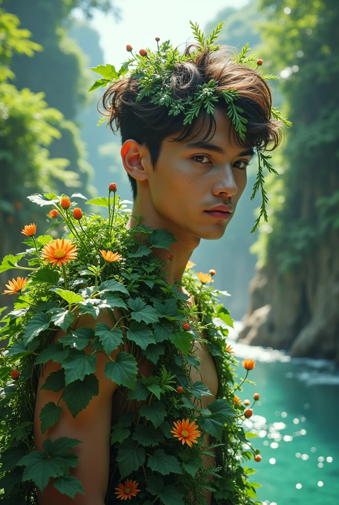 Jungkook from BTS with his abdomen exposed between plants being a fairy man from the forest with a suit made of fantasy plants in high definition
