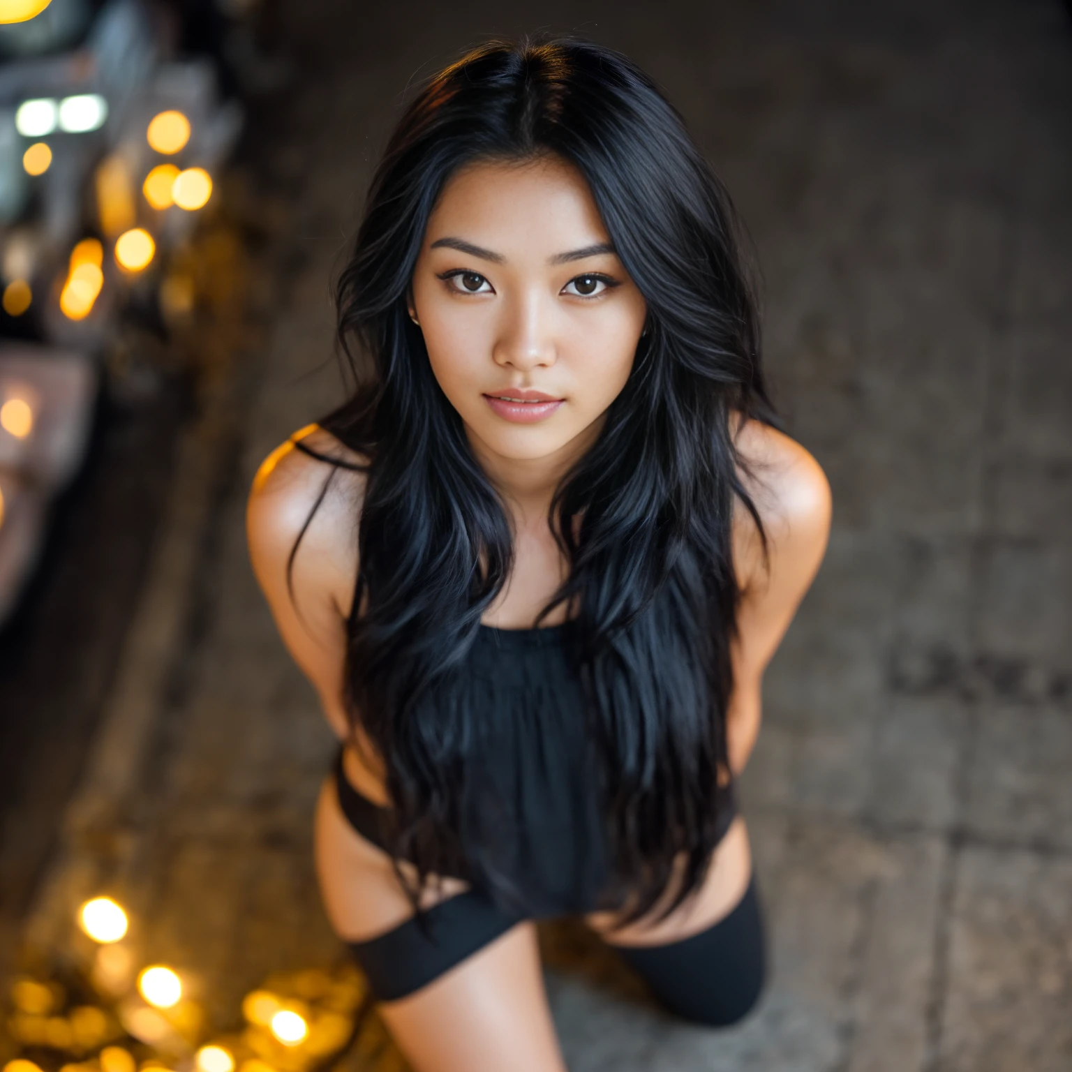 arafed woman with long black hair with deep purple high lights in a gym,YOGAPOSE, flowing black hair, with black hair, photo of a beautiful woman, long flowing black hair, pink golden hour, curly black hair, beautiful young asian woman, beautiful asian woman, wild black hair, black wispy hair, light black hair, a young asian woman, an asian woman, infp young woman,  (full body: 1.4), photo of a 24-year-old french girl in RAW UHD format (Brown-eyed woman) Details (textures! , Hair! , glistering, Color!! , imperfections: 1.1), highly detailed glossy eyes (looking at the camera), DSLR Lighting, SLR camera, Ultra-Quality, sharpness, Depth of field, Film grain (Downtown), Fujifilm XT3, Crystal clear, Frame Center, beatiful face, sharp-focus, bokeh (dimly lit), day time, detailed skin pores, oilly skin, suntan, Complex eye details, 
