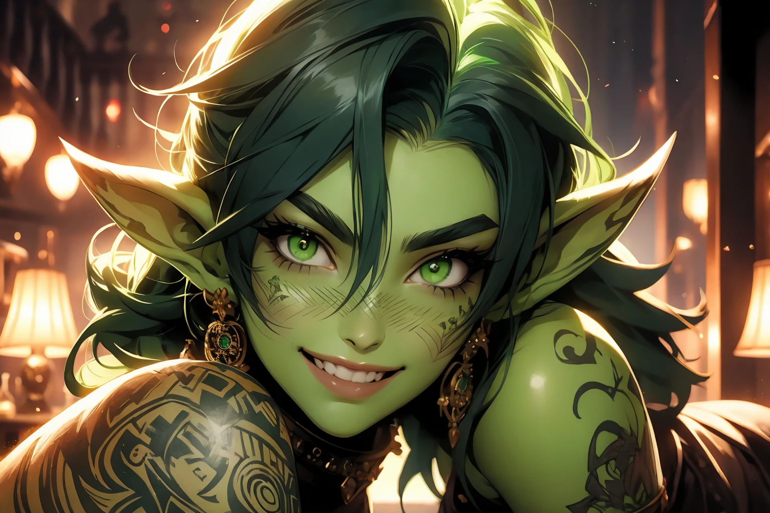 (masterpiece: 1.2, best quality), (1 loli, solo), huge breasts, (Dynamic posture), (bright skin, dark green skin), demon girl, green skin, orc girl, thin lacy gloves, ( small demonic horns:1.1), (Lilith \(Darkstalkers\)), (heaven), fringe, (jewelry, golden ornament:1.15 ), large pelvis, blue ( pantyhose:1.1)