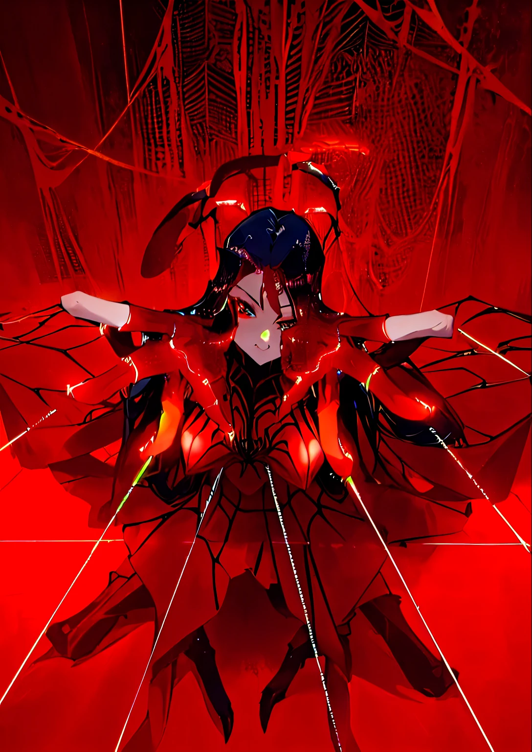 Red and black body suit,woman,cleavage,red boots with high heels,black sleeves,red claw on her right hand,red hair with black hue,rex eyes with x pupils,tall,corrupt,very pale white skin,half body,detailed,ultra quality,masterpiece,corrupted,black pants,red heels
