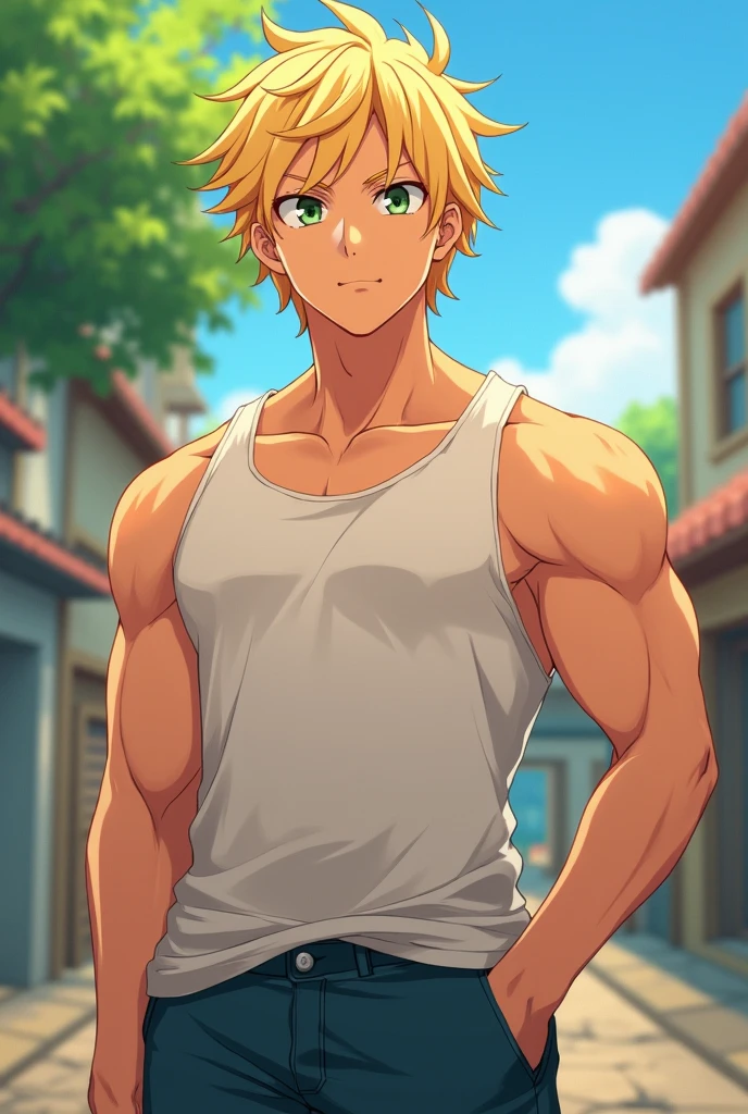 yukine(/noragami/), blonde hair, redeyes, smile, shirtless, slim, fit, abs, gloves, closed mouth, outdoors, sky, day, briefs, cloud, sunny, pants,