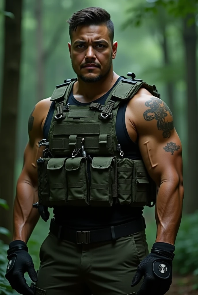 muscular man, 38 years old, detailed facial features, strong jawline, piercing eyes, rugged and masculine, wearing a tactical outfit, outdoor forest setting, dramatic lighting, cinematic composition, hyper-realistic, 8K, (best quality,4k,8k,highres,masterpiece:1.2),ultra-detailed,(realistic,photorealistic,photo-realistic:1.37),dramatic lighting,cinematic composition,moody atmosphere