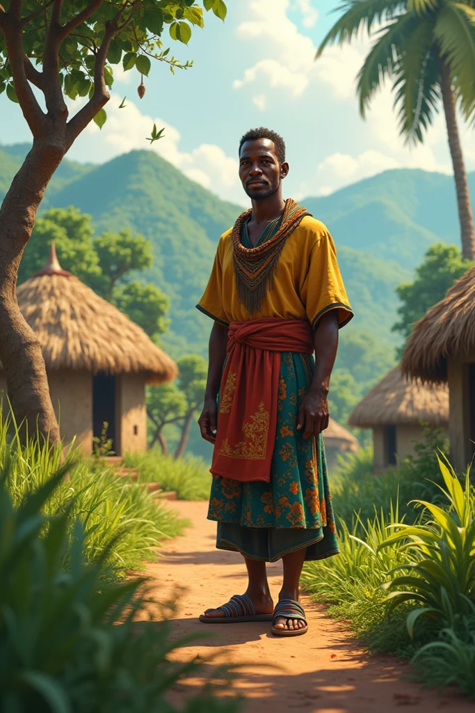 Emeka a 19 years old African young man in traditional hunting attire, with spears and bows, standing in the village.