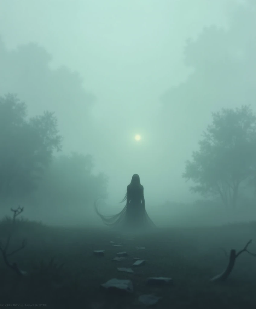 masterpiece, best-quality, realistic, detailed, dramatic light, horror art, gore, 1girl, Sadako, very long black hair, chubby body, huge big breasts, rotten gray-blue skin, wearing an white dress, getting out from a pit, a haunted forest as background,
