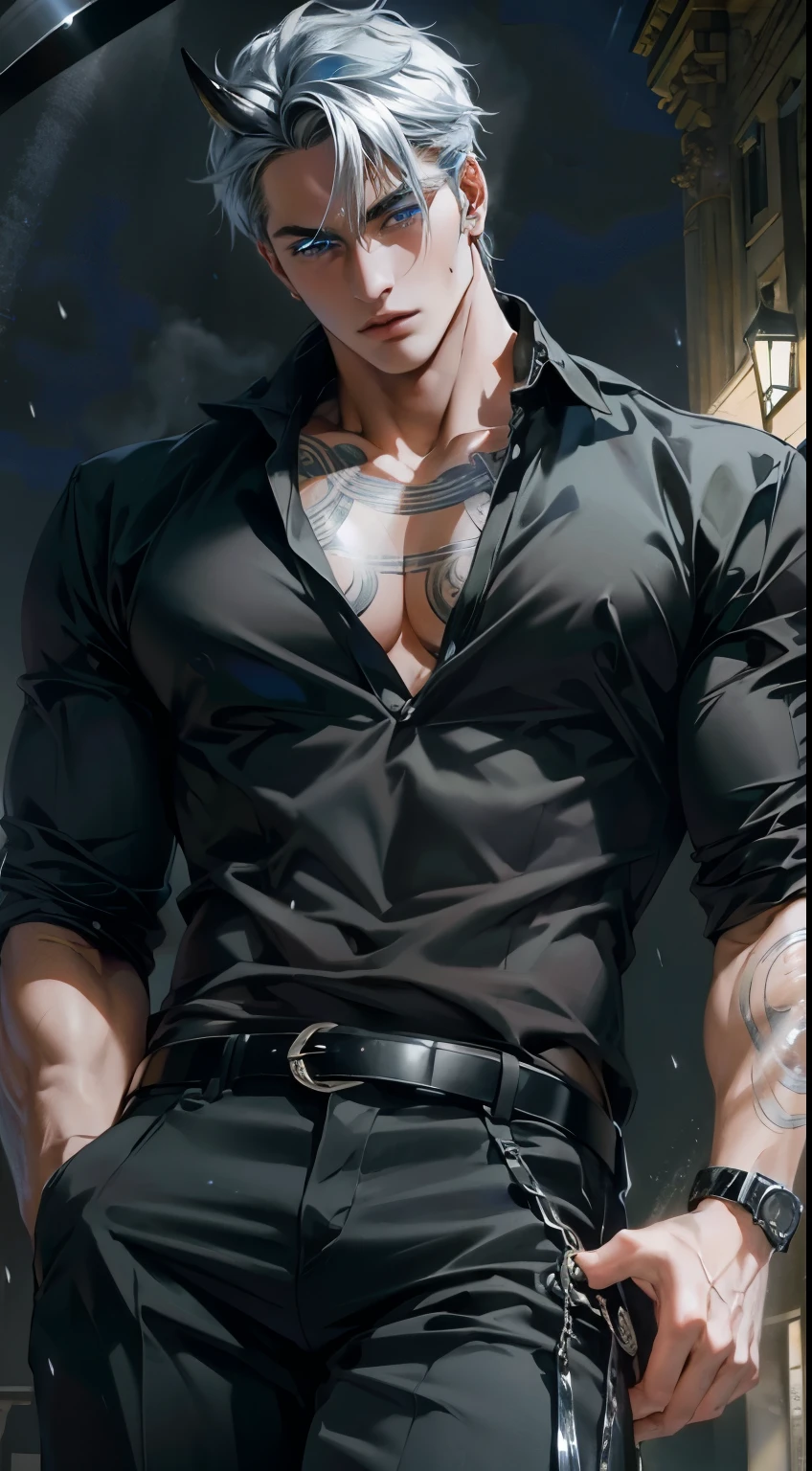 8K, complex, elegant, altamente detallado, majestic, digital photography, Surreal painting, Defeat the magic, Sinuous Lightning, ( masterpiece , side light, Fine and beautiful eyes: 1.2), hdr, (Brilliant blue eyes)), Bare upper body , (bright tattoo), handsome boy, can, musculature, black skin, demon horn, It is raining, handsome, in front of camera, masterpiece