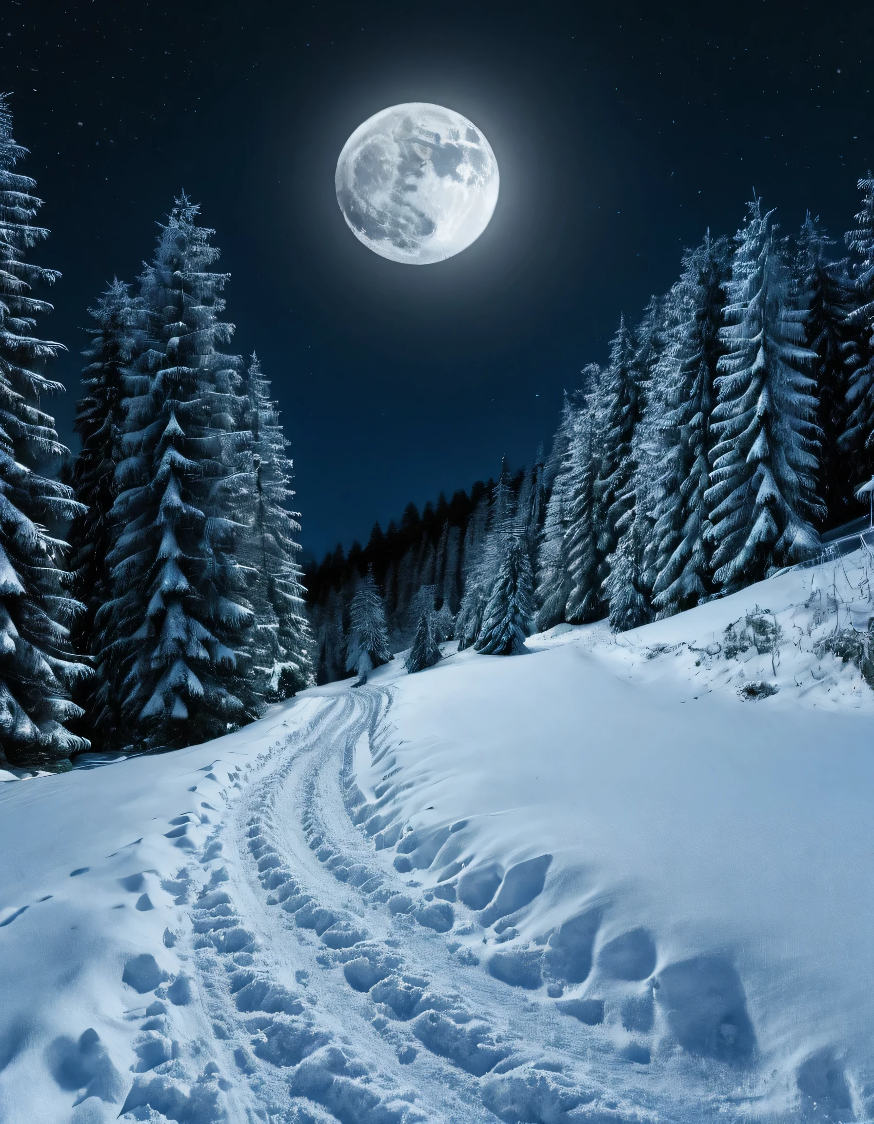 beautiful natural landscape in a forest looks like austria, snow, night, beautiful detailed moon, motivational, beautiful photography, 8k, very textured, very detailed, (best quality, 4K, 8k, highres), ultra-detailed, Studio lighting, extremely detailed, warm shades, (ultra clarity), Top quality , detailed backgrounds, unedited photo, HDR, hyper realistic, lifelike texture