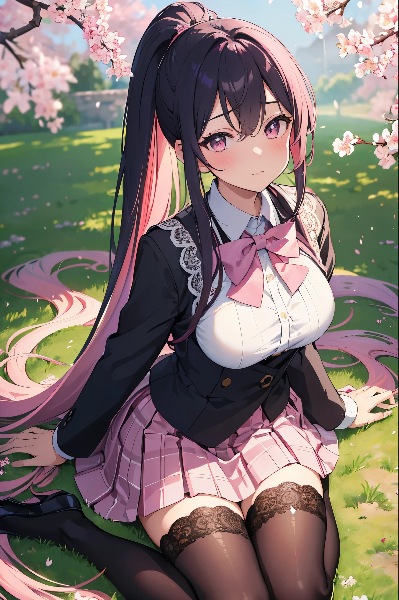 (Masterpiece), (Best Quality), (Ultra Fine), (Exquisite Illustrations),
Outdoor, garden, cherry blossoms,
Hidden confinement, rainbow gradient hair, long hair, watery eyes, ponytail, school uniform, lace, pink checkered skirt, black leg clothing, black stockings,
Alone, blushing,
Kneel down, from above, facial focus, facial close-up, poker face,