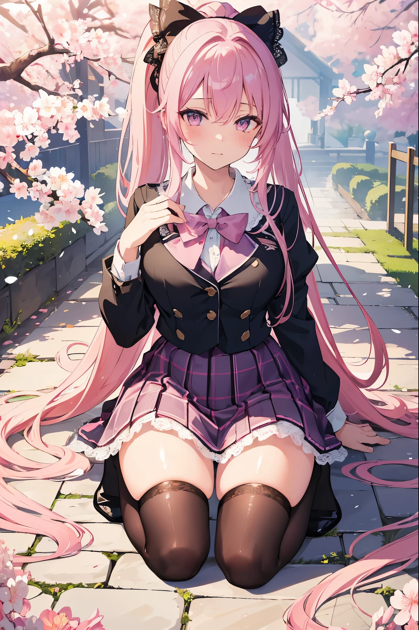 (Masterpiece), (Best Quality), (Ultra Fine), (Exquisite Illustrations),
Outdoor, garden, cherry blossoms,
Hidden confinement, rainbow gradient hair, long hair, watery eyes, ponytail, school uniform, lace, pink checkered skirt, black leg clothing, black stockings,
Alone, blushing,
Kneel down, from above, facial focus, facial close-up, poker face,