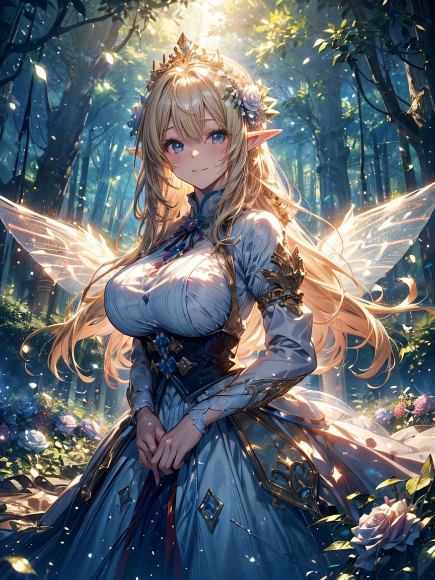 ((anime artstyle)),(Masterpiece),(Best Quality), (Super Detail),((Very Delicate and Beautiful)),Focus on character,Dynamic Angle,Looking at viewer,((Solo)),standing,((full body)),((one fairy tale princess in gorgeous ball gown with voluminous skirt)),detailed face and eyes,(fairy wings),jewel-like eyes,((Very Long voluminous Hair)),gorgeous embroidery and lace,See-through,ornate ruffles,(Gorgeous jewelry ornaments),luxury hair ornament,luxury tiara with jewels,(gigantic breasts,Long breasts),(outdoor,fairy tale forest),fairy tale atmosphere,full body,(((jeweled gorgeous ball gown with voluminous skirt))),