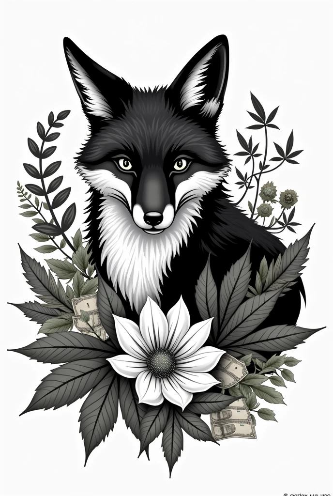 Logo that has a black and white fox with a cannabis flower and around it a bouquet with banknotes