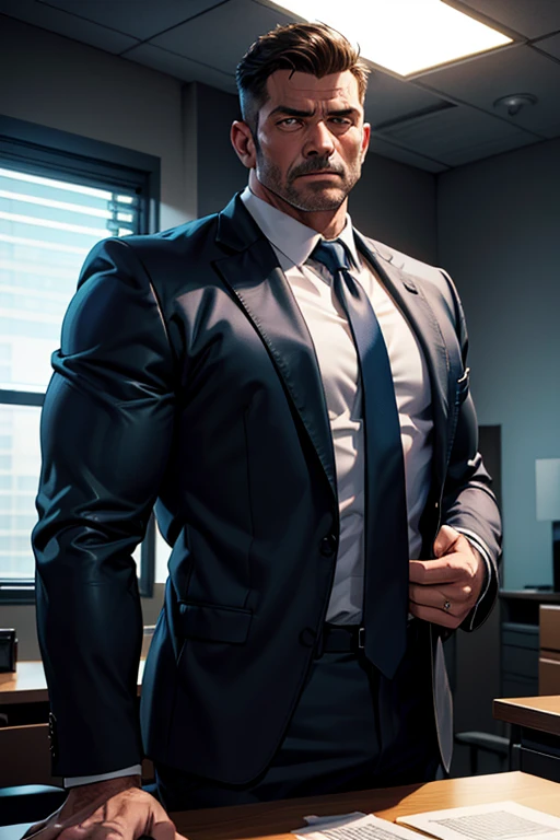 a muscular middle-aged man in a suit standing in an office, shirt and tie loosened, chest exposed, (best quality,4k,8k,highres,masterpiece:1.2),ultra-detailed,(realistic,photorealistic,photo-realistic:1.37),1 man,business suit, unbuttoned shirt, muscular build, serious expression, office interior, window lighting, high contrast, cinematic,dramatic lighting