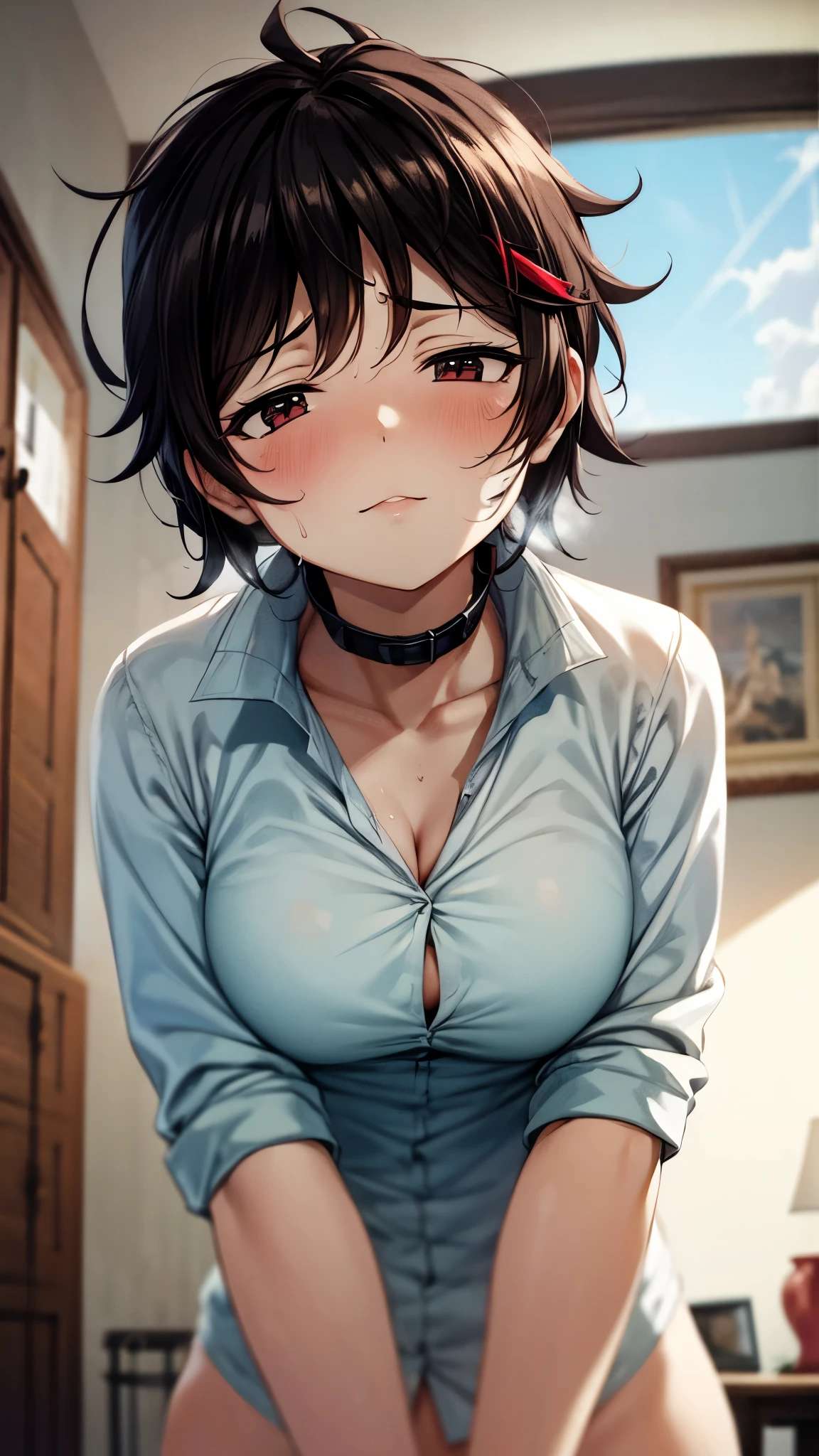 （ super quality, ultra high resolution,16k,super masterpiece,Ultra HD ,Detailed shading and background,）NSFW,Upper body shot from below,One sexy woman,Short black hair,（A white shirt with the collar spread wide and standing straight, Lower Body Naked,） Sweaty , troubled expression,smile,Open thick lips slightly, Living room where the sun shines ,Extend your hand forward,