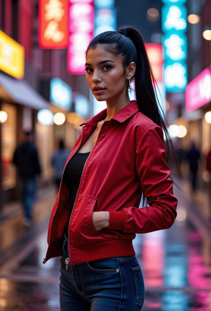 sukajan, Professional photography, portrait of a woman wearing red jacket and jeans, black hair, ponytail hair with, neon city in background, bokeh, depth of field 