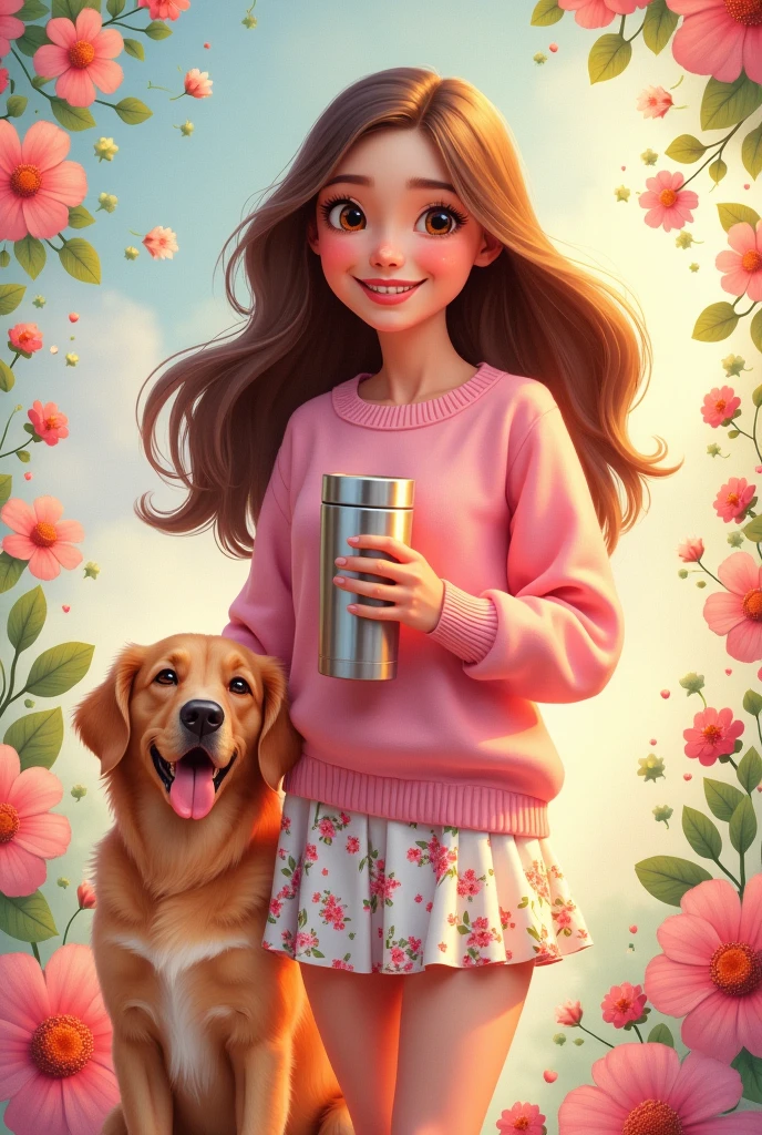 Disney movie cover of pretty girl named Grace brown hair wearing pink aesthetic clothes with a Stanley Cup thermos and a golden retriver