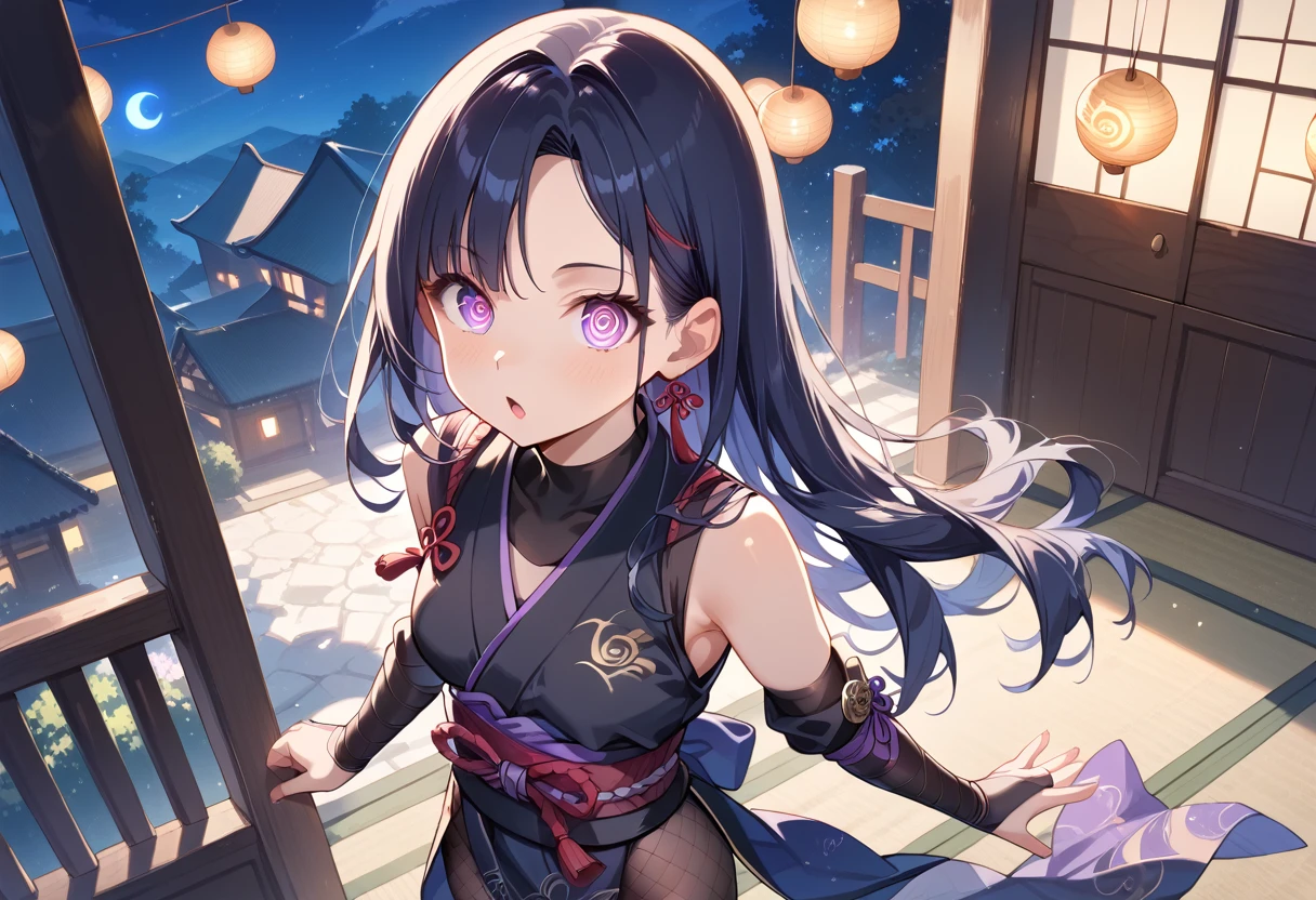 (masterpiece, best quality, ultra detailed, high resolution, detailed facial description), (1 girl:1.3), (black ninja costume:1.3, kunoichi costume:1.3), (Black and purple based costume:1.1), gauntlet, stumbling, fishnet pantyhose:1.1, black long hair, tsurime,  (mind control:1.2), (night:1.3, midnight:1.3, Inside the Japanese residence), (from front:1.3, from above:1.3), nsfw:1.2