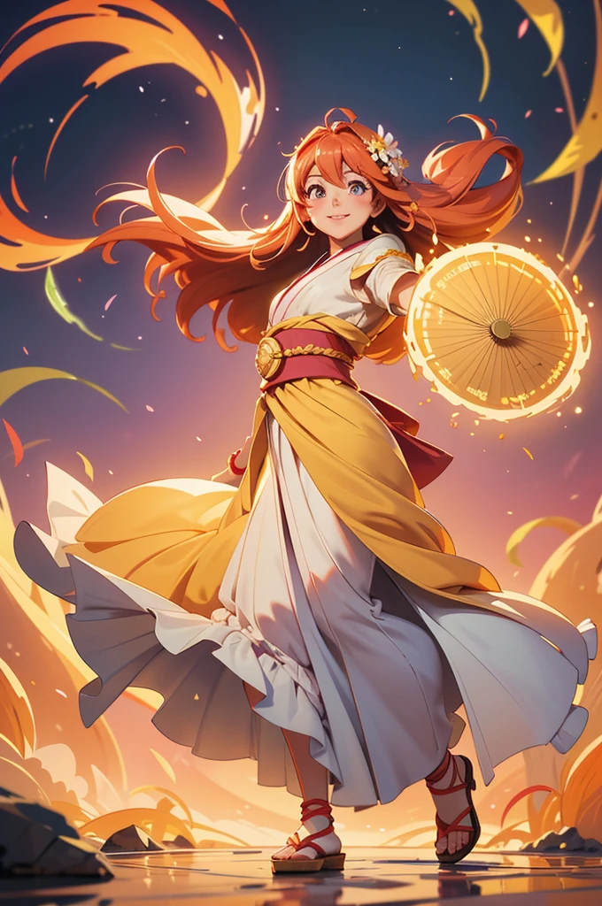 (from below),((full-body shot)),(looking viewer),
**Character Description for Ame-no-Uzume:**  

Ame-no-Uzume, the goddess of dawn, joy, and revelry, stands as a radiant figure of hope and resilience. She appears youthful, in her early 20s, yet her presence conveys an ageless wisdom and divine energy. Her **hair** flows in a cascade of fiery auburn, streaked with gold, resembling the first light of day, and is adorned with delicate sakura blossoms and ribbons. Her **eyes**, warm and amber-hued, sparkle with mischief and insight, reflecting her role as a bringer of light and renewal.  

She wears a graceful, flowing **kimono** in hues of sunrise—orange, gold, and soft pink—with intricate embroidery depicting blooming flowers and rays of light. The fabric shimmers subtly, creating an ethereal glow. Her obi is tied with a golden sash adorned with tiny bells, chiming faintly as she moves. A translucent veil trails from her shoulders, rippling like dawn's mist.  

Ame-no-Uzume exudes an infectious charisma, her **smile** and laughter capable of dispelling despair. Her demeanor is lively and playful, yet her movements are deliberate and purposeful, reflecting her ability to inspire others in their darkest moments. She often carries a **sacred drum** and ornate **fans**, using them to perform dances that evoke light and joy.  

**Pose and Setting:**  
She is depicted mid-dance, one arm outstretched, holding a glowing fan, the other poised gracefully near her heart. The background reveals a dawn-lit meadow, with flowers blooming and golden rays breaking through the horizon, symbolizing renewal and vitality.  

This prompt emphasizes Ame-no-Uzume's divine radiance and lively personality while maintaining visual and thematic elegance.