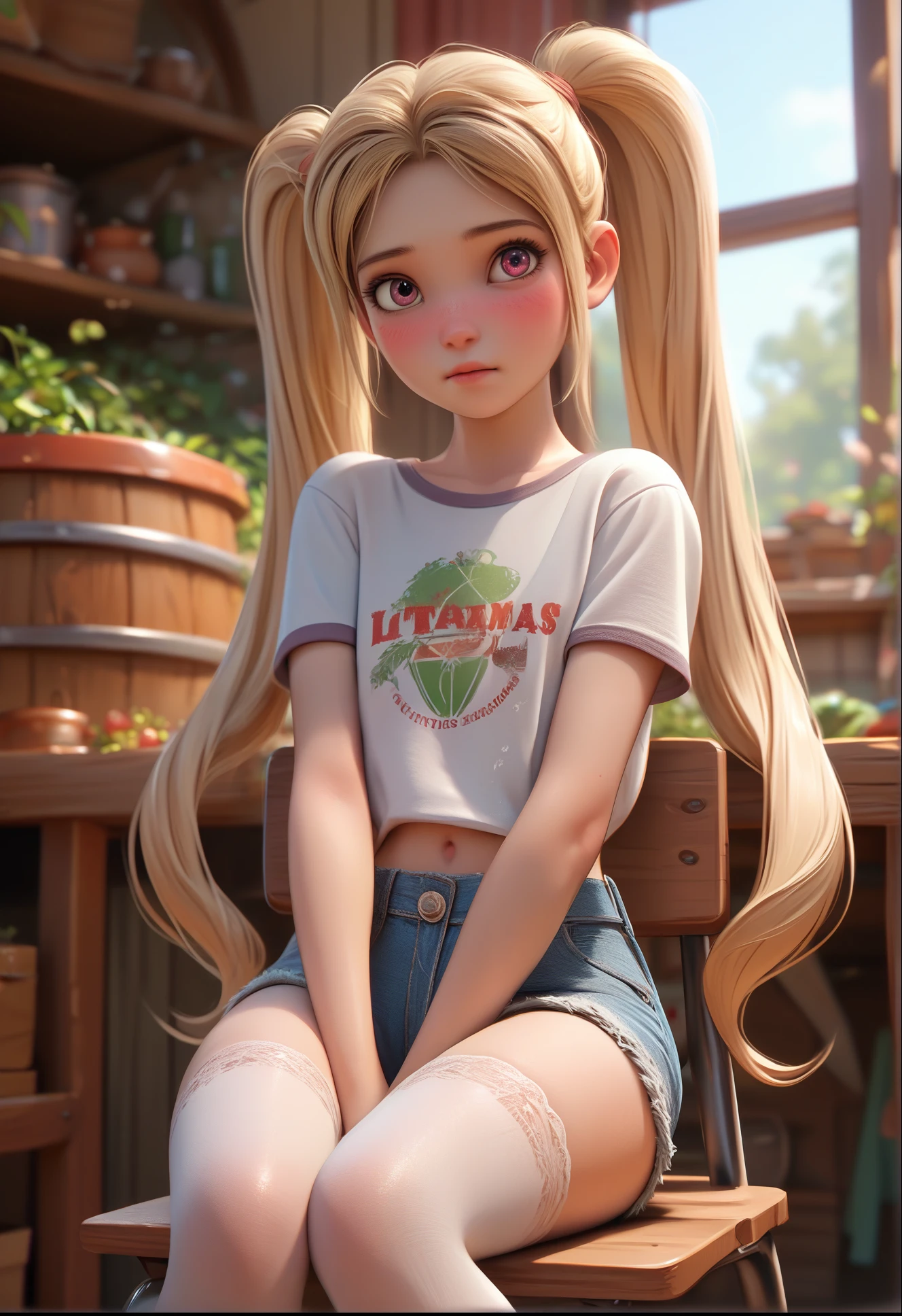 1girl, young girl, , sitting on a chair in a farmhouse, short t-shirt, jean shorts, white thigh highs, blushing, ((ultra realistic details)), intricate, highly intricate details, (petite body:1.2), long blonde twin tails hair,