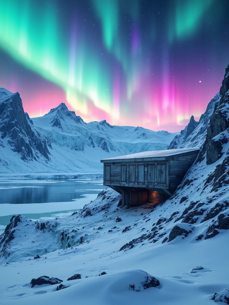 A stunning, photorealistic sci-fi scene of a "Military Bunker" abandoned on a rugged hillside in Greenland, half-buried under layers of snow and ice. The bunker’s structure is made of weathered, futuristic steel and reinforced concrete, with large, dark windows revealing a hollow, forgotten interior. The surrounding terrain is icy and desolate, with jagged cliffs and vast, frozen expanses stretching beyond. Above, a breathtaking aurora borealis swirls across the sky, casting vivid hues of green, magenta, and cyan, while a sea of stars sparkles in the deep, dark void.  
Cinematic lighting bathes the scene in a cold, eerie glow, with dramatic shadows cast across the barren landscape. The transparent glaciers around the bunker reflect the vibrant aurora, creating an ethereal, dreamlike effect. The atmosphere feels quiet and mysterious, as if the place has been untouched for centuries. The scene is rendered in ultra-high-definition 8k resolution with Super Retina clarity, emphasizing every minute detail of the bunker’s decay and the vibrant, celestial beauty of the aurora-lit sky. The composition blends the starkness of human abandonment with the surreal wonder of nature’s spectacle.  