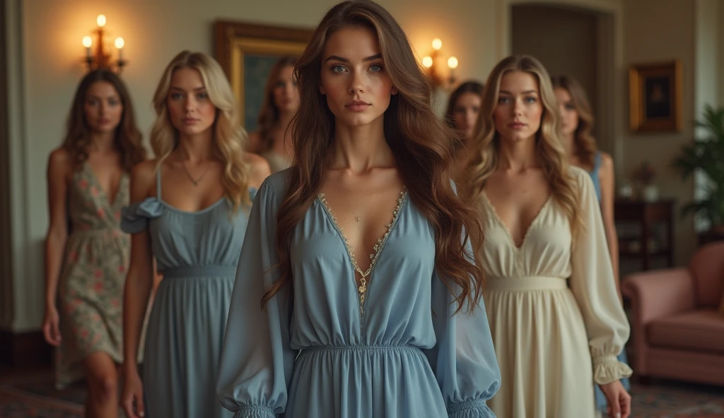 One of 12 brown haired and brown eyed girls in blue dress in Greece