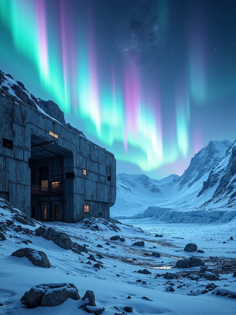 A stunning, photorealistic sci-fi scene of a "Military Bunker" abandoned on a rugged hillside in Greenland, half-buried under layers of snow and ice. The bunker’s structure is made of weathered, futuristic steel and reinforced concrete, with large, dark windows revealing a hollow, forgotten interior. The surrounding terrain is icy and desolate, with jagged cliffs and vast, frozen expanses stretching beyond. Above, a breathtaking aurora borealis swirls across the sky, casting vivid hues of green, magenta, and cyan, while a sea of stars sparkles in the deep, dark void.  
Cinematic lighting bathes the scene in a cold, eerie glow, with dramatic shadows cast across the barren landscape. The transparent glaciers around the bunker reflect the vibrant aurora, creating an ethereal, dreamlike effect. The atmosphere feels quiet and mysterious, as if the place has been untouched for centuries. The scene is rendered in ultra-high-definition 8k resolution with Super Retina clarity, emphasizing every minute detail of the bunker’s decay and the vibrant, celestial beauty of the aurora-lit sky. The composition blends the starkness of human abandonment with the surreal wonder of nature’s spectacle.  