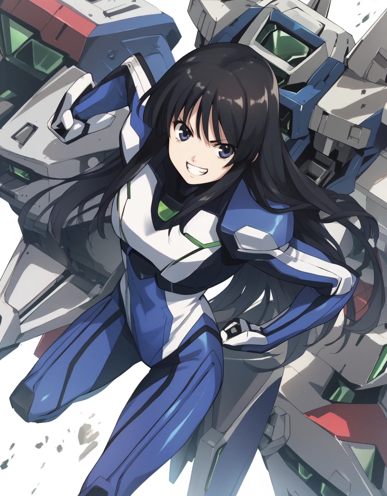 tsuzaki, black hair,
pilot suit,
1girl, confident, power pose, grin, mecha, score_9, score_8_up, score_7_up, score_6_up, score_5_up, score_4_up