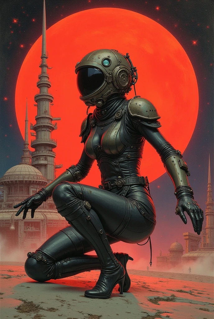 Future Sci-Fi Space War,A woman wearing a helmet, Stephen Hickman, Beautiful vintage art, Mars Attacks, Gilded Lotus Princess, Published in cgsociety, The Last Day of the Universe, Queen of Persia, Kirill Leonov, By Jason A. Engel, Barbarela