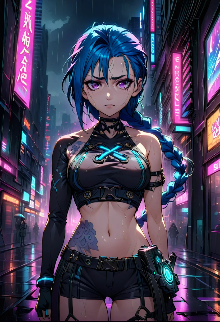 A dynamic image of an adult female character inspired by Jinx from Arcane, set in a futuristic neon-lit city. She has long, vibrant blue hair styled into a single thick braid that falls over her shoulder, with loose strands framing her angular, mature face. Her expression is serious and focused, with a piercing gaze that reflects determination and intensity. Subtle dark circles under her eyes and faint lines on her face hint at a life filled with struggle and exhaustion, adding depth to her character. Her right arm features stylized blue cloud tattoos, adding a creative, chaotic flair to her otherwise hardened look. She is mid-action, leaping between skyscrapers with a futuristic pistol in her hand, its sleek design glowing faintly with neon-blue accents, perfectly complementing her poised and purposeful demeanor. Her punk-inspired outfit includes a cropped top, shorts, and utility belts with metallic details, in a dark palette accented by vivid pink and blue highlights. The neon cityscape behind her is alive with towering skyscrapers, holographic advertisements, and vibrant signs in shades of purple, blue, and pink, with rain-soaked streets below reflecting the intense neon lights and adding a dramatic edge to the scene.