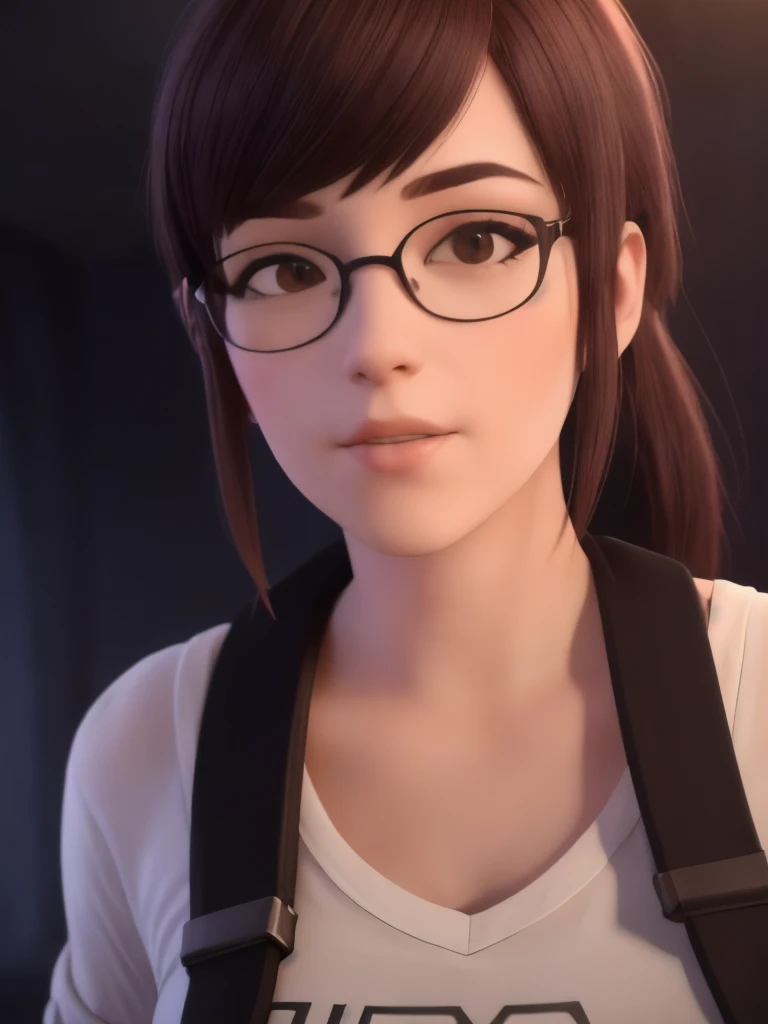 DVA from Overwatch without mech, a beautiful woman with short brown hair in a ponytail, very big round glasses, high quality refelctions, reflections on glasses, volumetric lighting, wearing a plain white t-shirt and sunglasses, in her bedroom on her bed, 1 girl solo, cinematic lighting, high resolution, physically-based rendering, extremely detailed, 8k, volumetric lighting, hyperrealistic, detailed facial features, masterpiece, intricate details, upper body, nsfw, gaming setup in background, high quality, cinematic