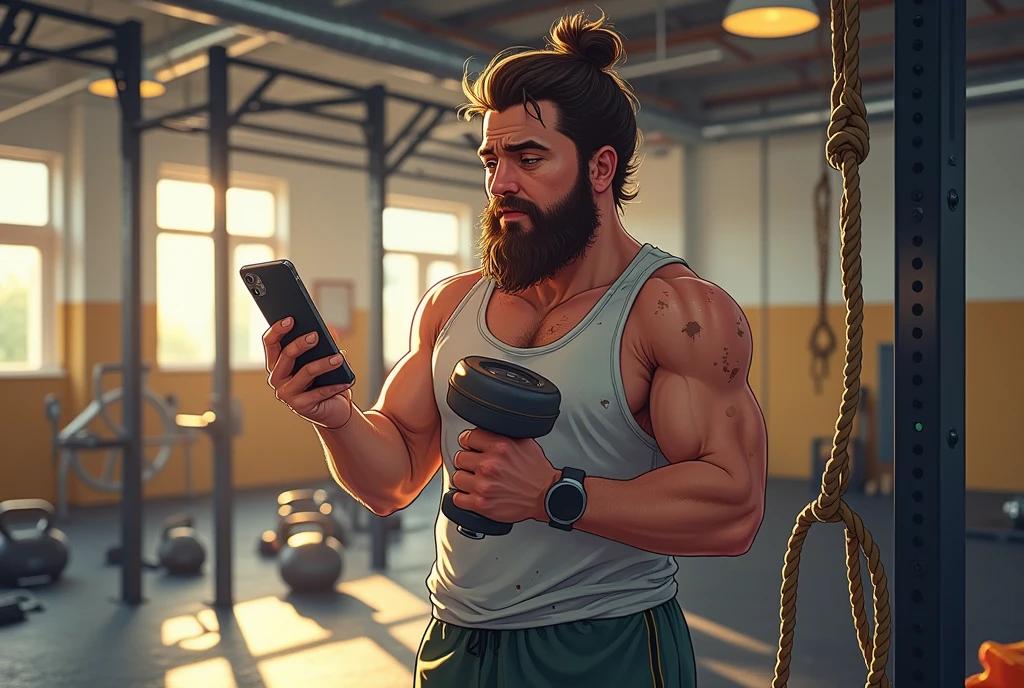 ((masterpiece)) ((photography)) ((Highest quality))  A realistic illustration of a bearded man with a slightly overweight build in a brightly lit crossfit gym. He is distracted, holding a dumbbell in one hand and a smartphone in the other, looking intently at the screen. He wears casual gym attire with sweat stains, surrounded by gym equipment like kettlebells and ropes. The scene captures a humorous moment, emphasizing the contrast between his workout environment and his focus on the phone.