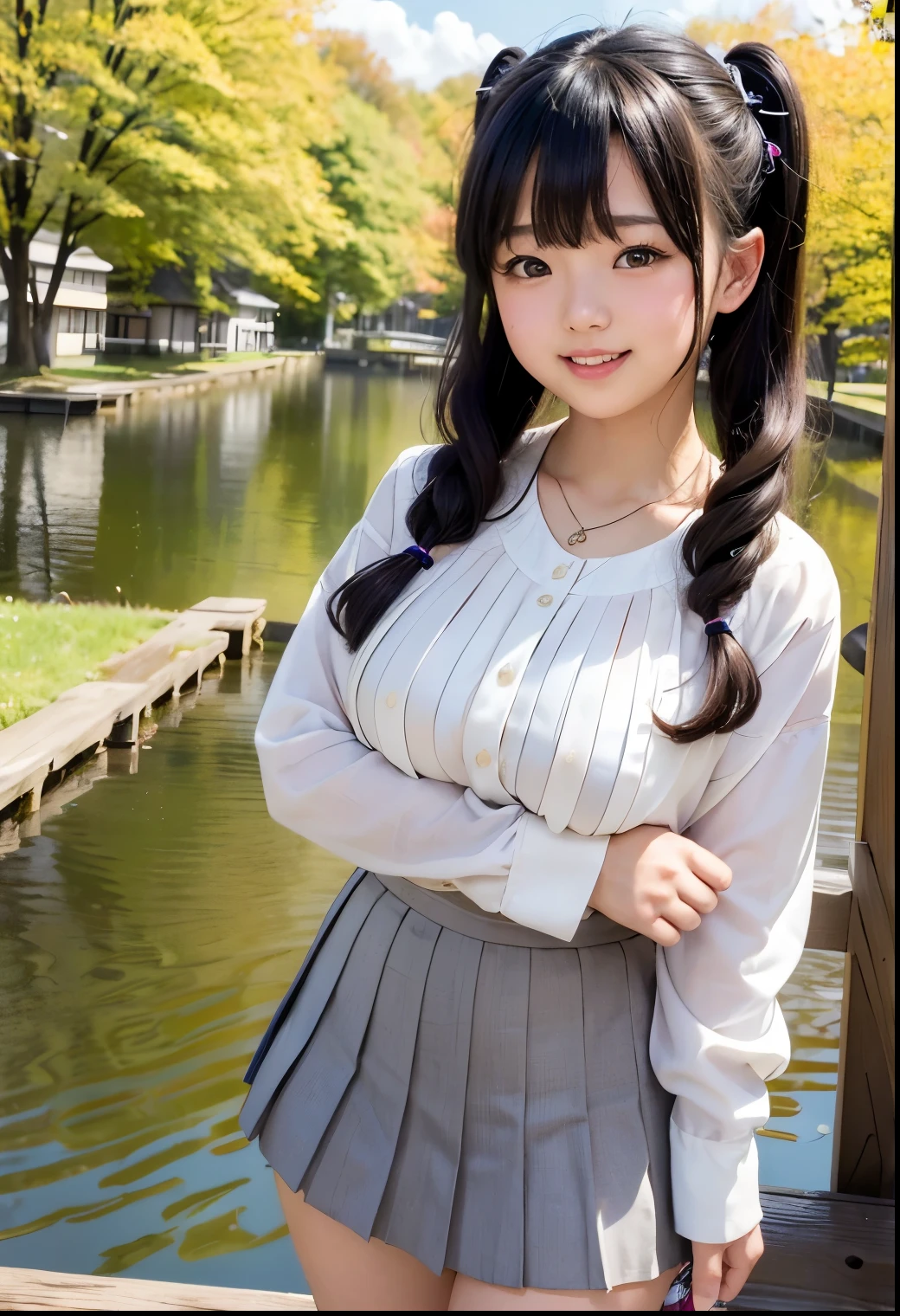 (Highest quality,masterpiece:1.3,Ultra-high resolution),(Very detailed、Caustics) (Realistic:1.4, RAW shooting、)Ultra-Realistic Capture、Very detailed、Natural skin texture、masterpiece、(A Japanese wearing a blouse and pleated skirt:1.3)、Adorable expression、Expressions of happiness、、height: 140cm、Baby Face、Pure girl、Amute、Twin ttyle、Curly Hair、ribbon、Black Hair、Large Breasts、Shining thighs、Shining ass、necklace、Shade by the lake、 Autumn Scenery、Background details、smile、An inviting gaze、(Anatomically correct)、Cowboy Shot、Attention to detail、Breast lift