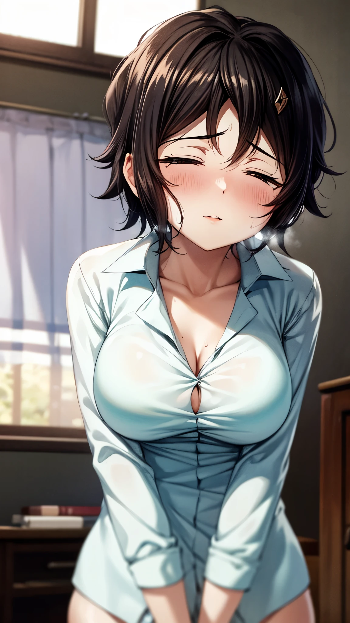 （ super quality, ultra high resolution,16k,super masterpiece,Ultra HD ,Detailed shading and background,）NSFW,Upper body shot from below,One sexy woman,Short black hair,（A white shirt with the collar spread wide and standing straight, Lower Body Naked,） Sweaty , troubled expression,smile,Open thick lips slightly, Living room where the sun shines , raise both hands,