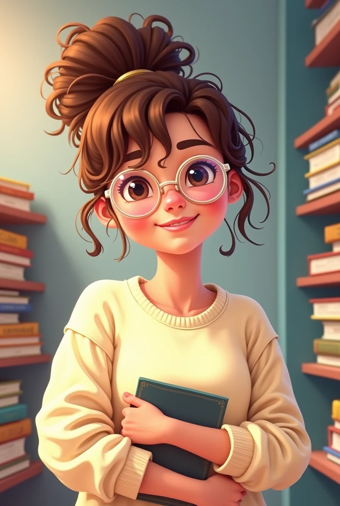 Here’s a description in English:

"This character is a smart and always cheerful girl, with a face full of happiness and intelligence. Her light brown hair is tied up in a high ponytail with a bright hairband. She wears round glasses that enhance her intellectual charm, and her wide smile adds to her appeal. Her outfit consists of a colorful tee with playful patterns and comfortable jeans. Often seen holding a book or the latest gadget, she’s always ready to learn and explore. Her expression is full of enthusiasm and curiosity, reflecting her positive and energetic personality."