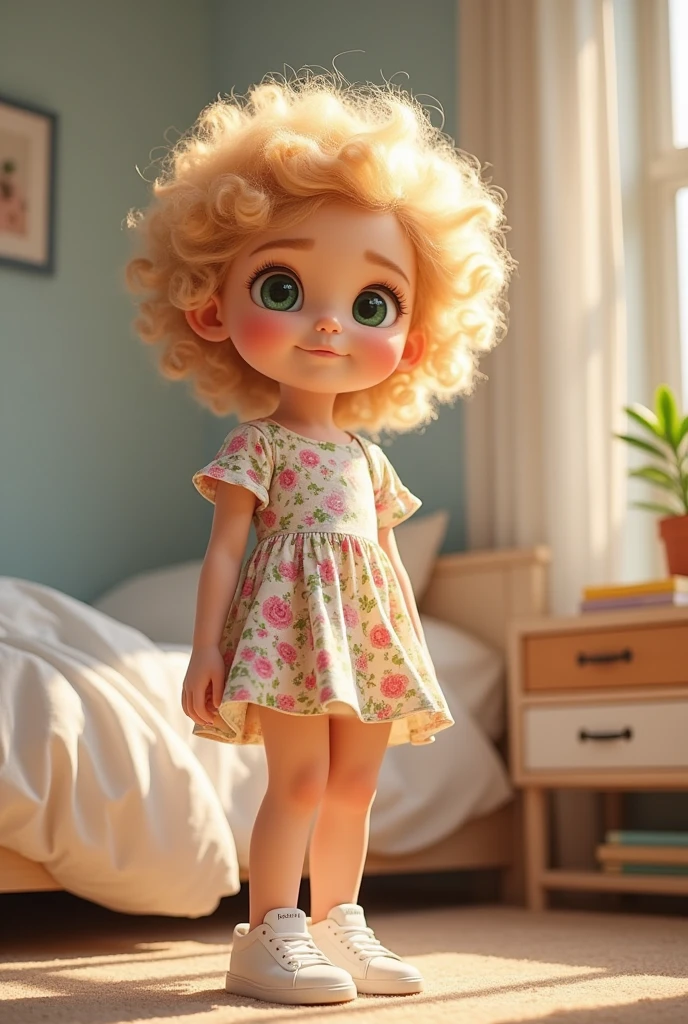  Create one with big green eyes Long curly blond hair, in a room where there is a bed , a white wardrobe,  a carpet On the floor she is standing near the bed , wearing a floral dress, white sneakers