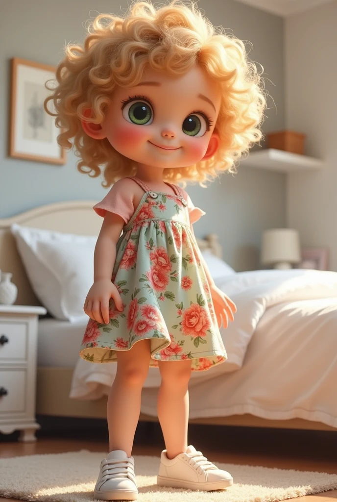  Create one with big green eyes Long curly blond hair, in a room where there is a bed , a white wardrobe,  a carpet On the floor she is standing near the bed , wearing a floral dress, white sneakers