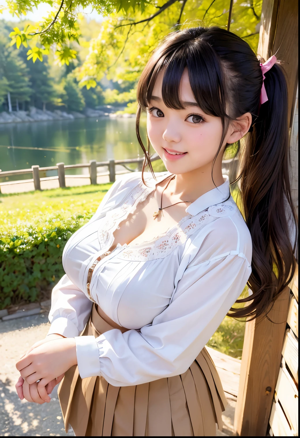 (Highest quality,masterpiece:1.3,Ultra-high resolution),(Very detailed、Caustics) (Realistic:1.4, RAW shooting、)Ultra-Realistic Capture、Very detailed、Natural skin texture、masterpiece、(A Japanese ********************** wearing a blouse and pleated skirt:1.3)、Adorable expression、Expressions of happiness、、height: 140cm、*********、*********、Amazingly cute、Twin tail hairstyle、Curly Hair、ribbon、Black Hair、Large Breasts、Shining thighs、Shining ass、necklace、Shade by the lake、 Autumn Scenery、Background details、smile、An inviting gaze、(Anatomically correct)、Cowboy Shot、Attention to detail、Breast lift