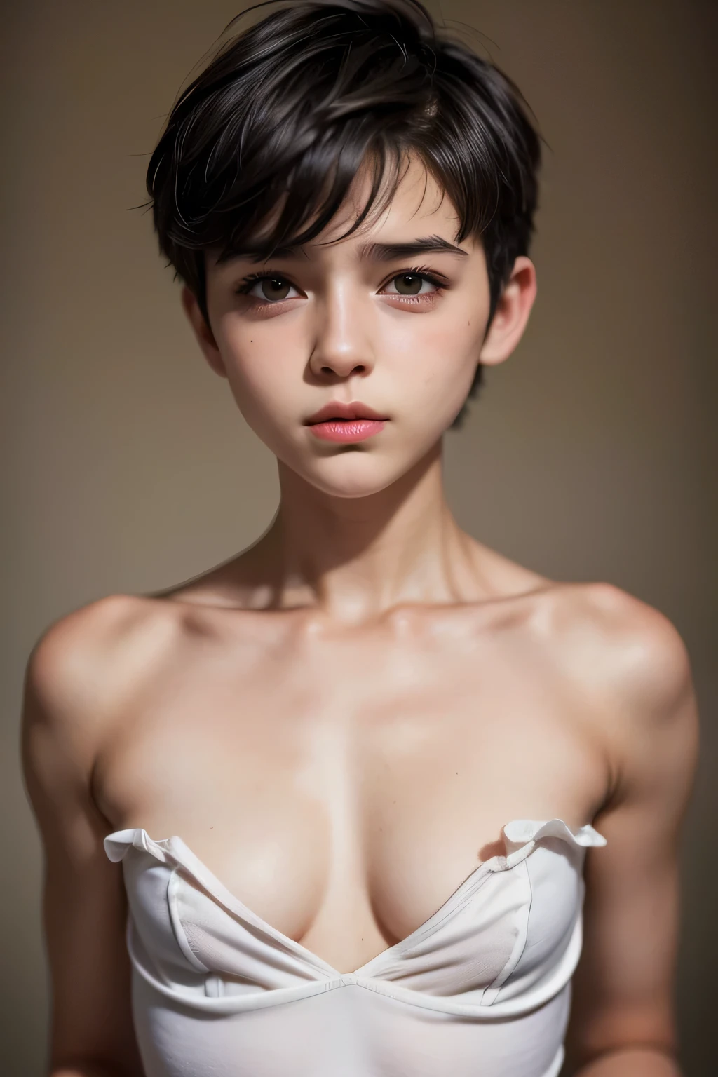 ((Femboy)), Shorthaircut Stylish, adorable, 1 femboy, (face to face), , ((baby face)), (cry sad face expression), half body portrait, (face details: 1), (eye details: 1), ((Tiny breasts:1.3)), Cute posed. proportional body. Ultra High Res. realistic: 1.4, UHD, (white strapless)