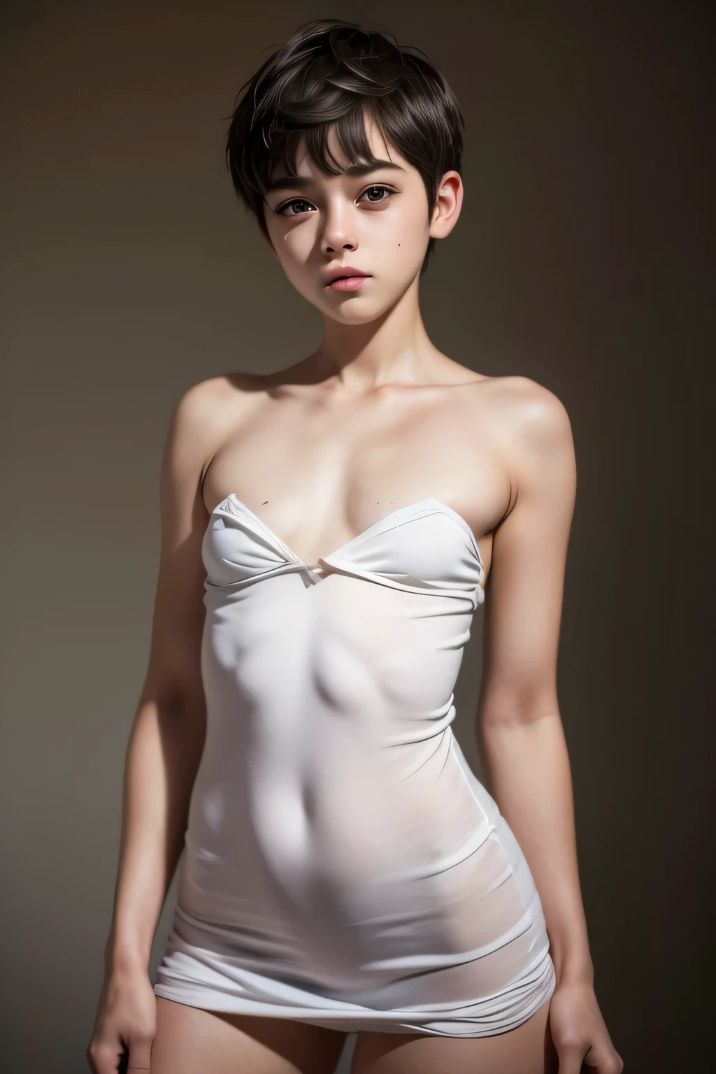 ((Femboy)), Shorthaircut Stylish, adorable, 1 femboy, (face to face), , ((*********)), (cry sad face expression), half body portrait, (face details: 1), (eye details: 1), ((Tiny breasts:1.3)), Cute posed. proportional body. Ultra High Res. realistic: 1.4, UHD, (white strapless)