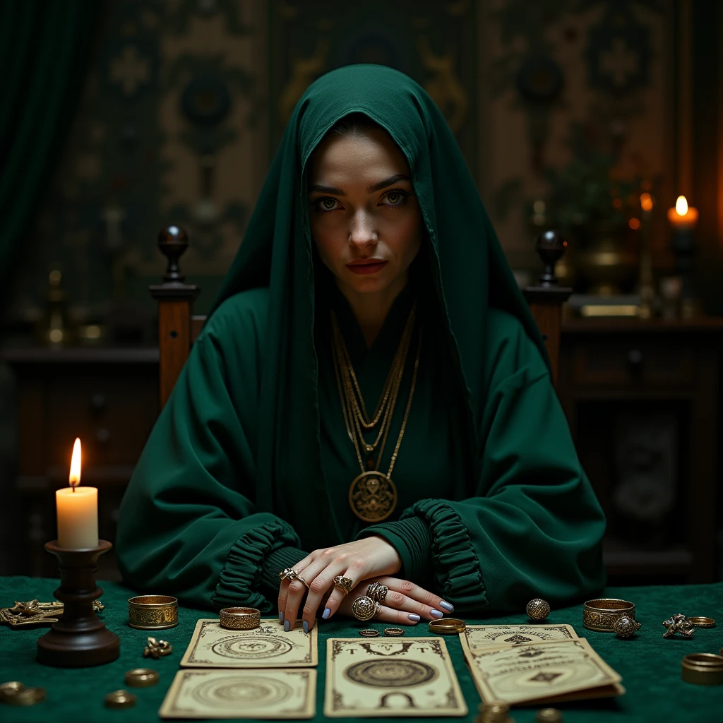 Mysterious fortune teller wearing a veil in a dark room choosing tarot cards